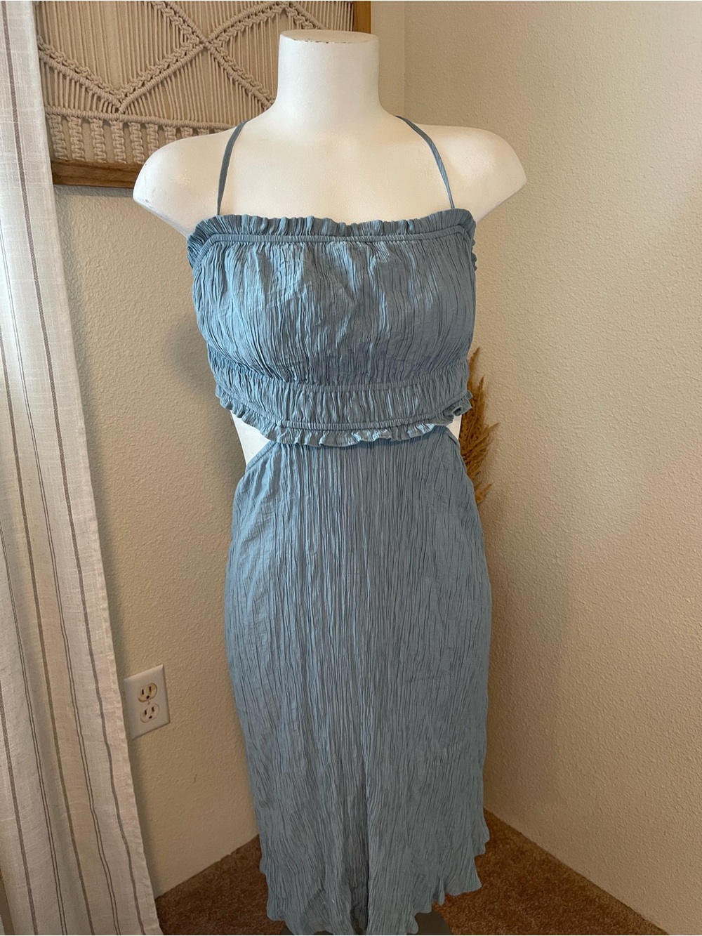 Mystree Blue Strapless Smocked Cutout Midi Dress